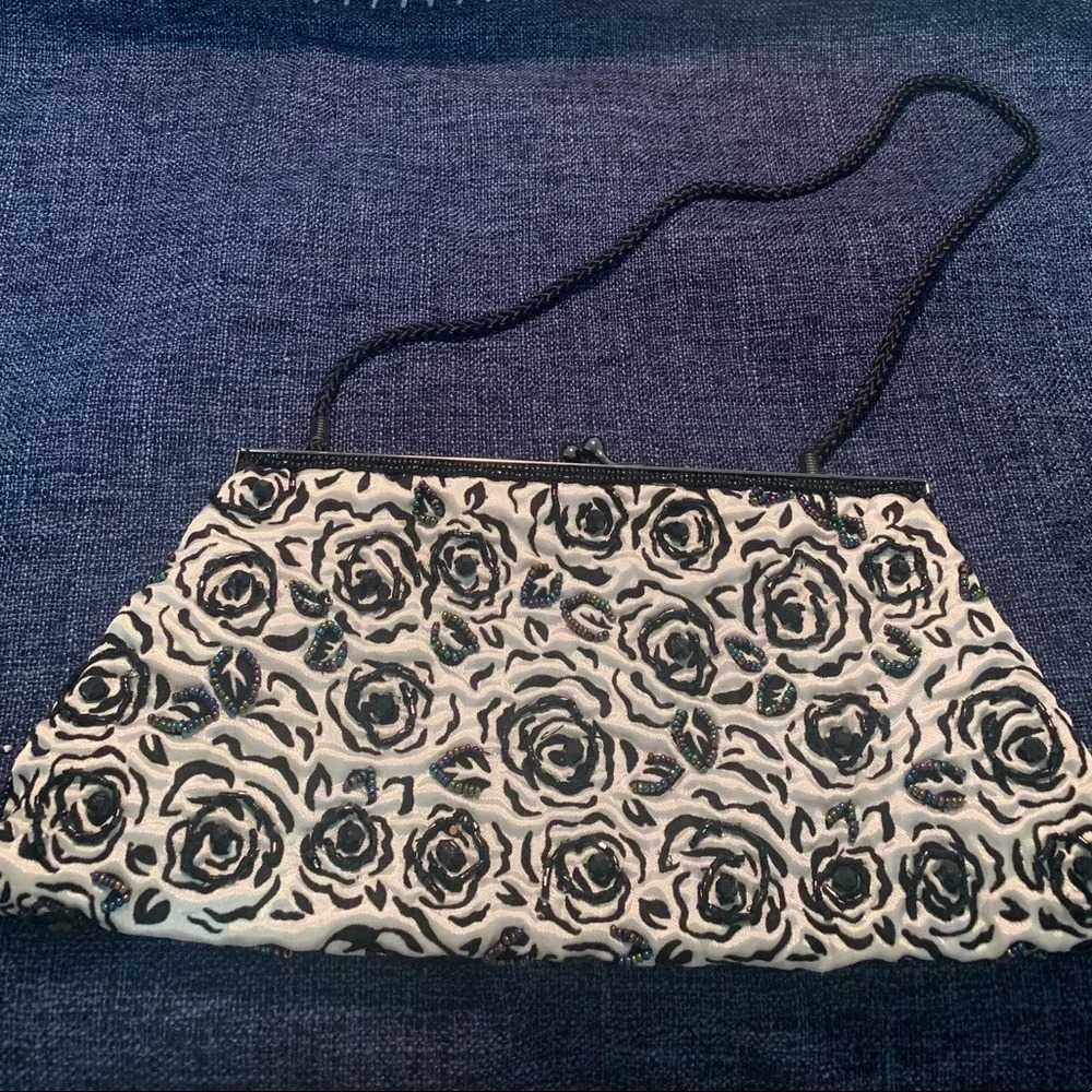 Vintage Lancôme Lace And Beaded Sequin Formal Purse With Kiss Lock Closure